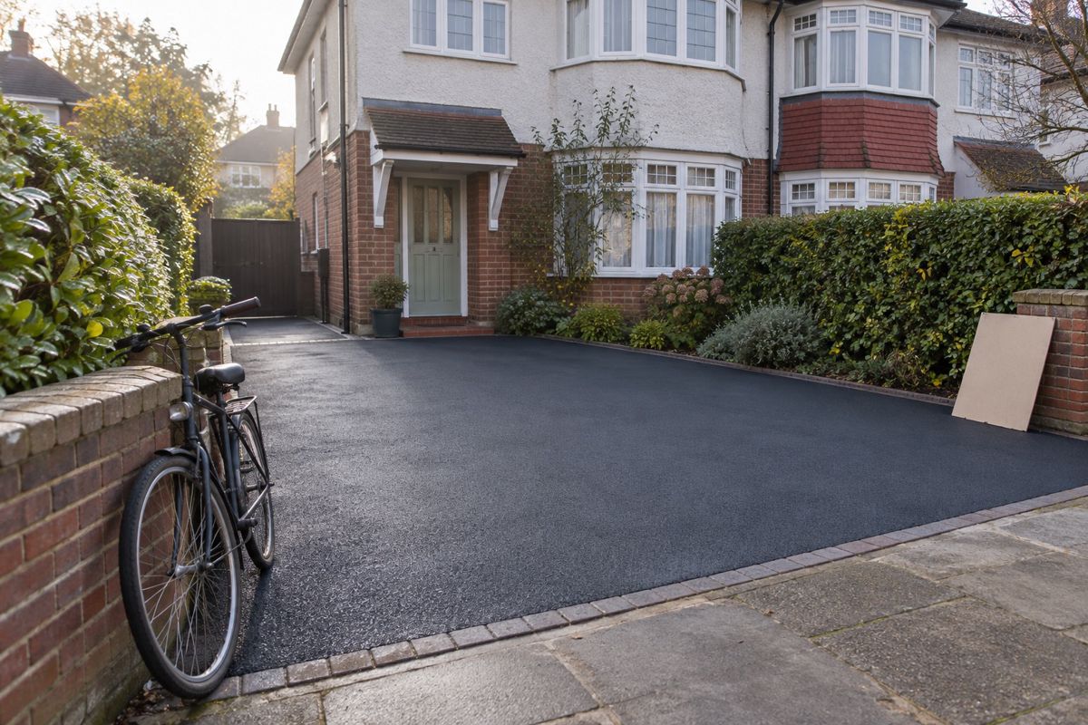 Newly laid tarmac driveway at a London semi in early morning light
