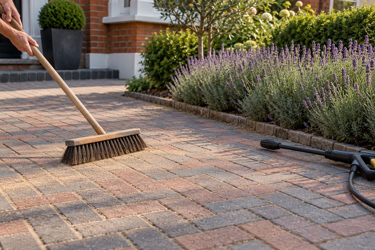 Sweeping sand into clean block paving joints on a London driveway