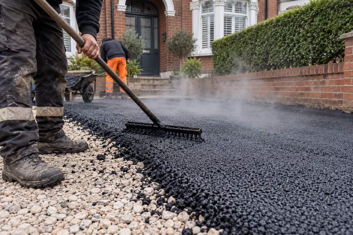 Workers raking hot tarmac on a London front garden driveway