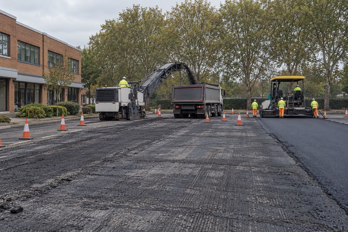 Resurfacing a large commercial car park with a paving machine in London