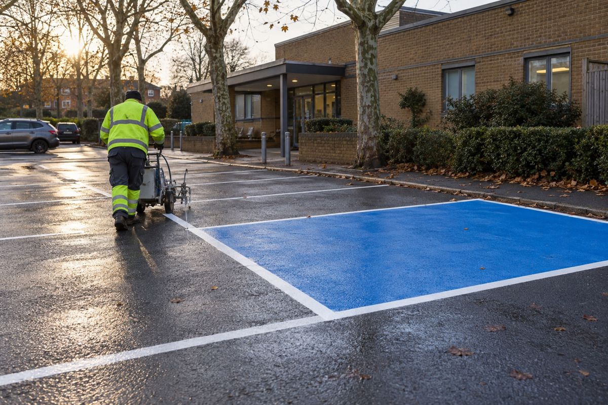 Worker marking white parking bay lines on a tarmac car park