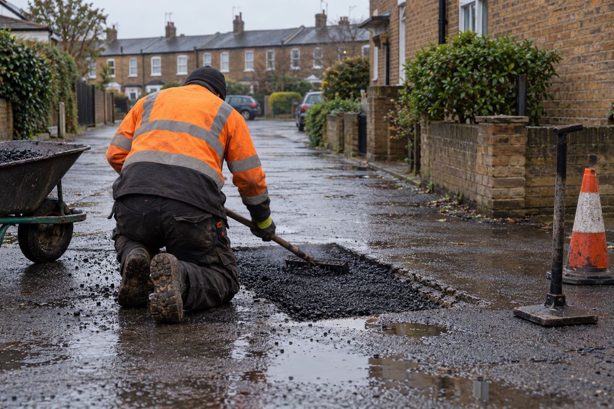Worker patching a cut-out pothole in a tarmac road with hot material