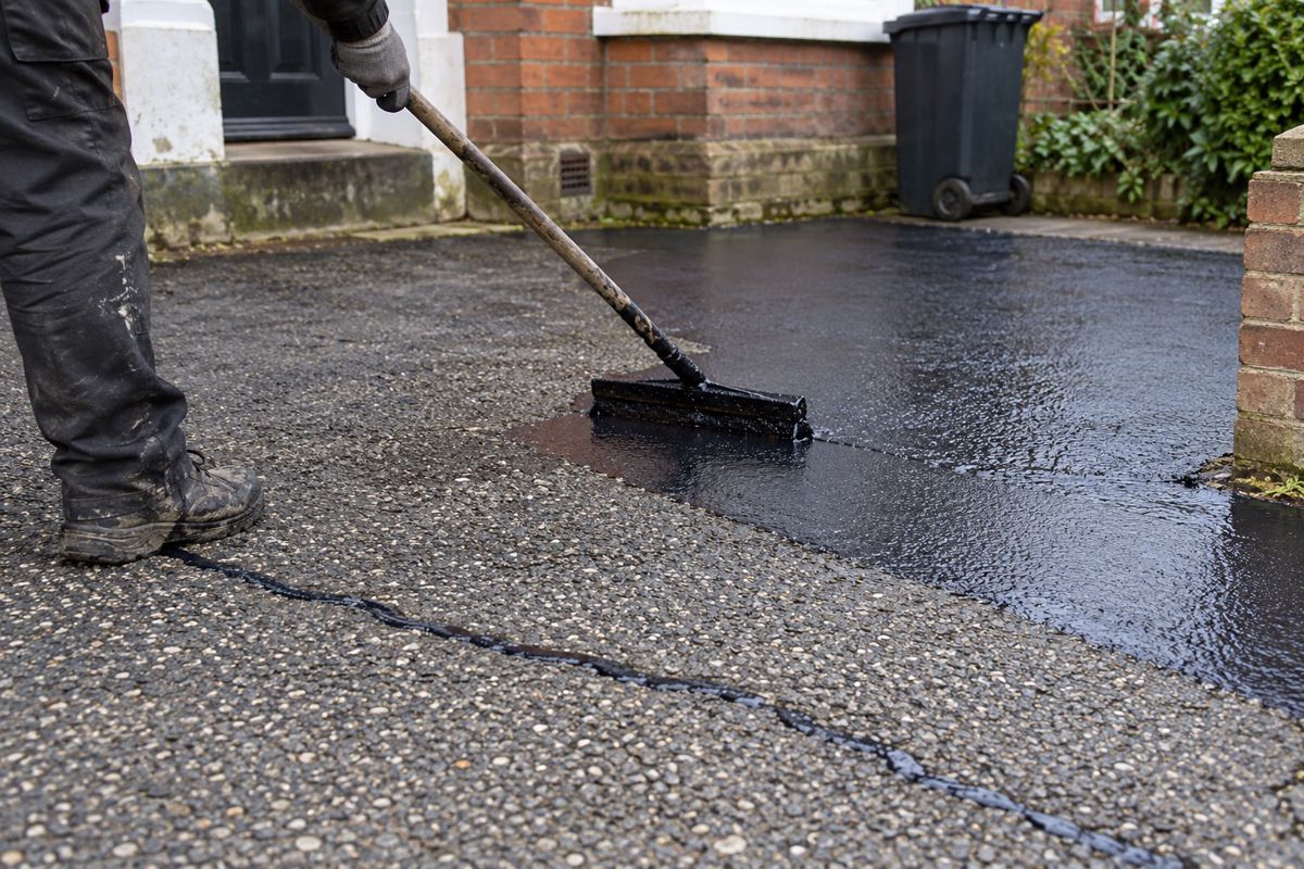 Gloved hand applying black sealer over a cleaned tarmac drive crack